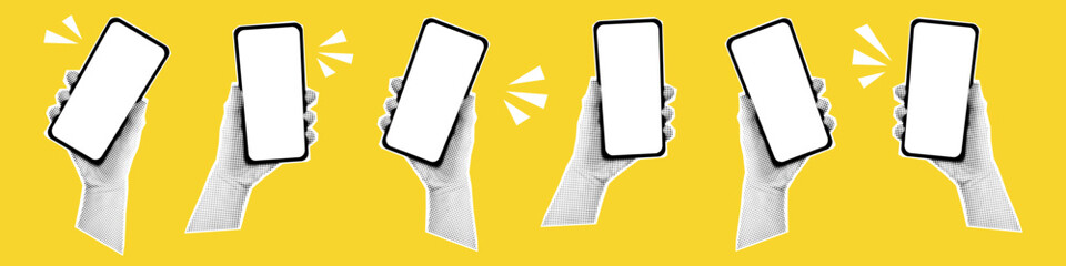 Vector halftone hands hold phones. Banner with hands holding mobile phones. Modern art with  halftone effects. Human palms and smartphones. - obrazy, fototapety, plakaty