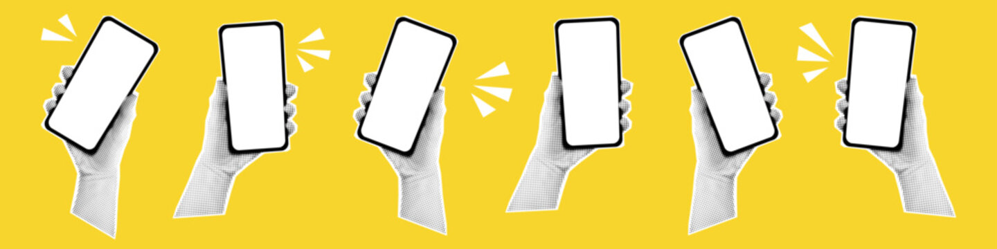 Vector halftone hands hold phones. Banner with hands holding mobile phones. Modern art with  halftone effects. Human palms and smartphones.