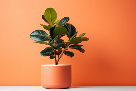 Potted house plant in an orange terracotta pot, aesthetic look