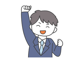 笑顔で腕を上げるスーツ姿の若い男性