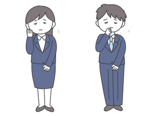 立ちながら困るスーツの男女のイラスト