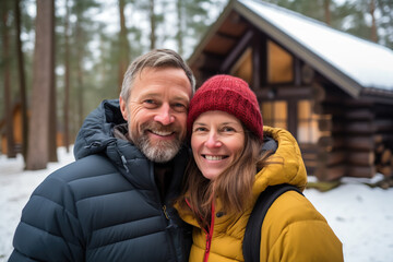 Fototapeta premium Happy middle aged pair with a snow covered cabin backdrop share a moment