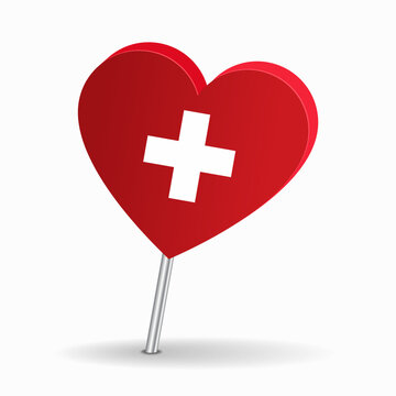 Swiss flag heart-shaped map pointer layout. Vector illustration.