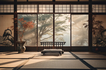 Japanese style relaxing room decoration architecture with doors facing the view