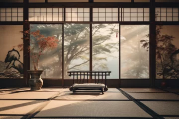 Foto op Plexiglas Japanese style relaxing room decoration architecture with doors facing the view © Yoshimura