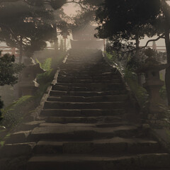 3D rendering of ancient staircase in front of japanese stone lantern and pagoda temple