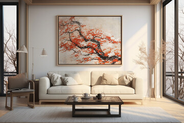 architectural decoration of a Japanese style relaxing room decorated with a display of photos and paintings