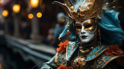 Elegant Venetian masks in golden hues with intricate details, creating a mysterious and opulent ambiance. - obrazy, fototapety, plakaty