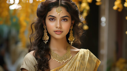 Beautiful indian woman in traditional saree and jewelery