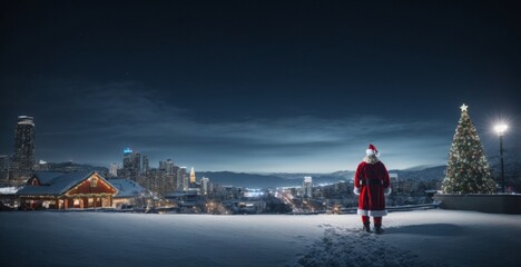 Fototapeta na wymiar Back view of Santa Claus standing on Christmas night and looking on city. new year