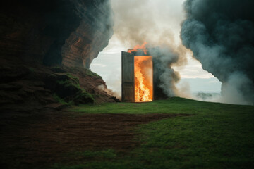 The door to hell, the gates of hell that await after death, Lucifer. background of green grass