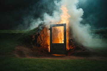 The door to hell, the gates of hell that await after death, Lucifer. background of green grass - obrazy, fototapety, plakaty