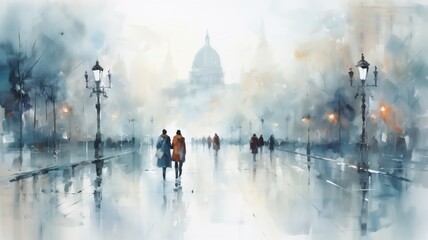 Blurred cityscape in watercolor style by Generative AI