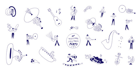 jazz music party musicians band doodles vector sketh illustration - obrazy, fototapety, plakaty