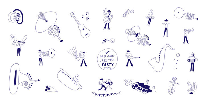 jazz music party musicians band doodles vector sketh illustration