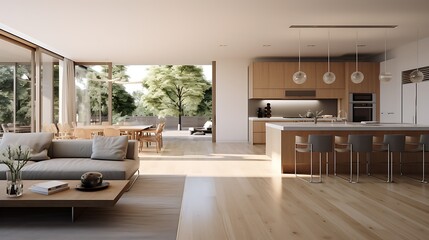 Fototapeta premium A modern minimalist home interior design with clean lines, sleek furniture, and neutral color palette, featuring an open-concept living space connected to a spacious kitchen, bathed in natural light 