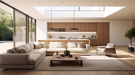 Fototapeta na wymiar A modern minimalist home interior design with clean lines, sleek furniture, and neutral color palette, featuring an open-concept living space connected to a spacious kitchen, bathed in natural light 