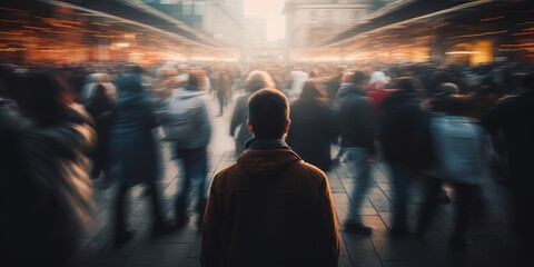 Lonely person stands in the centre of rushing people. Long exposure. Mental health issue concept. Fast living