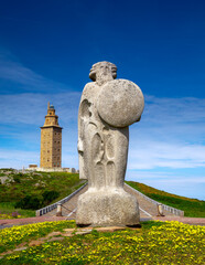 Statue of Breogan, the mythical Celtic king from Galicia located near the Tower of Hercules, A...