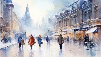 Winter cityscape in watercolor style by Generative AI