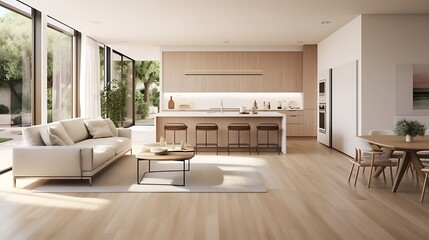Fototapeta premium A modern minimalist home interior design with clean lines, sleek furniture, and neutral color palette, featuring an open-concept living space connected to a spacious kitchen, bathed in natural light 