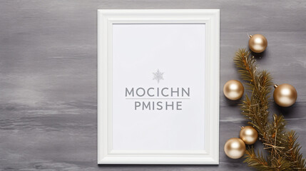 Fototapeta na wymiar White blank wooden frame mockup with Christmas decoration