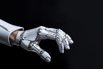 Real robot's hand with headset, Concept of Artificial intelligence and Chatbots usage in online business, aesthetic look