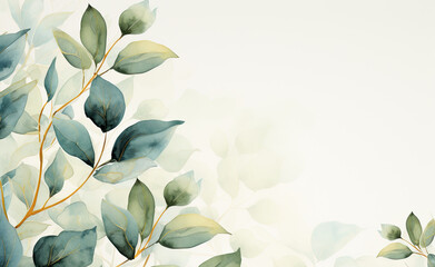 Watercolor branches with green leaves on a pale background with space for text for cards and wedding invitations