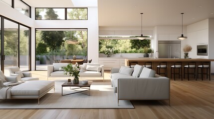 A modern minimalist home interior design with clean lines, sleek furniture, and neutral color palette, featuring an open-concept living space connected to a spacious kitchen, bathed in natural light  - obrazy, fototapety, plakaty