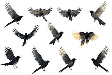 Set of flying birds. Silhouette of a bird flying on transparent background, PNG file