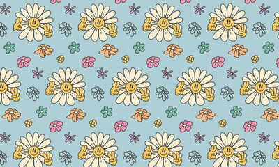 groovy flower background, retro hippie seamless pattern, vector illustration
