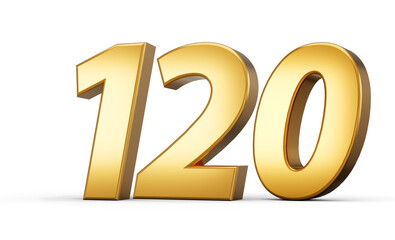 3d number 120 one hundred twenty Gold text isolated on white background with reflection 3d illustration