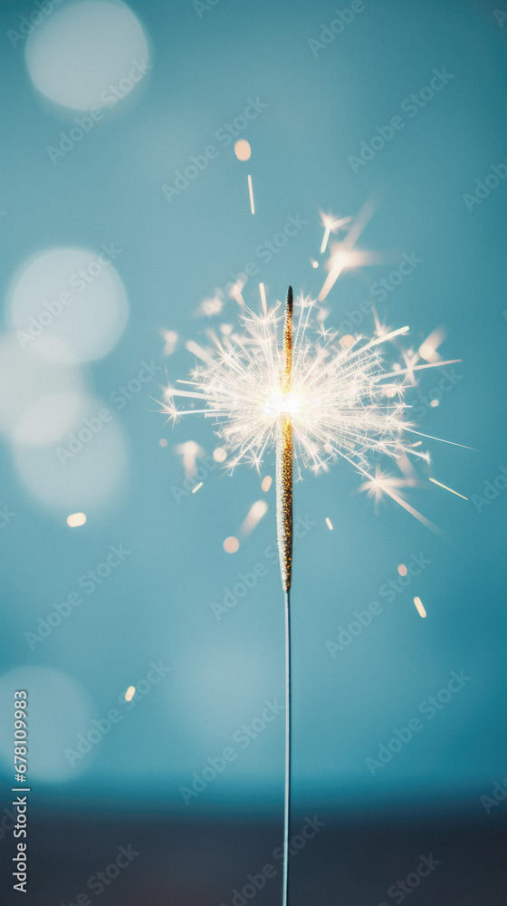 Wall mural sparkler on blue background with bokeh effect. new year concept.