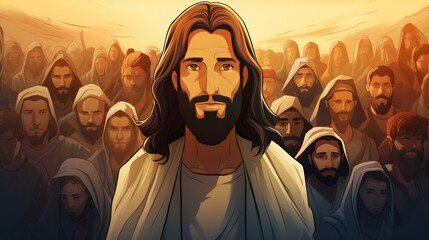 Jesus, cartoon, background of devotees - obrazy, fototapety, plakaty