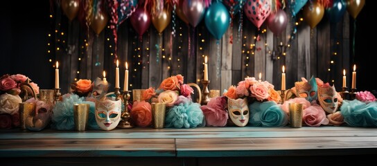 Naklejka premium A collection of colorful Venetian masks and golden goblets, evoking a festive and mysterious masquerade ambiance.