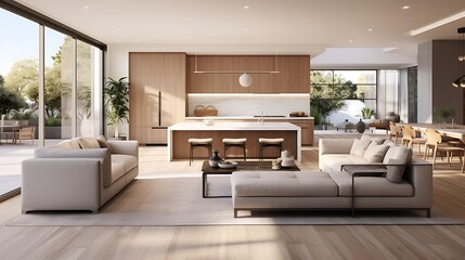 A modern minimalist home interior design with clean lines, sleek furniture, and neutral color palette, featuring an open-concept living space connected to a spacious kitchen, bathed in natural light 
