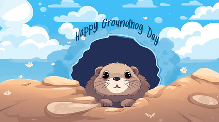 Naklejka premium the funny cartoon groundhog is in a hole with text 
