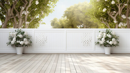 White garden wall with 3D rendering wooden terrace