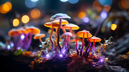 A captivating photo of psychedelic Psilocybin mushrooms, renowned for their unique properties and intriguing patterns - obrazy, fototapety, plakaty