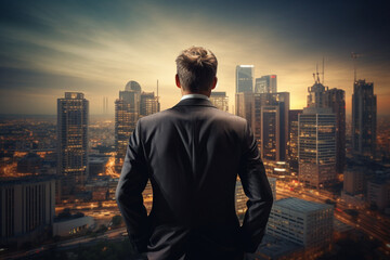 Rear view of a businessman in a suit looking at a cityscape, There are skyscrapers in the background, Concept of city development, soft light photography