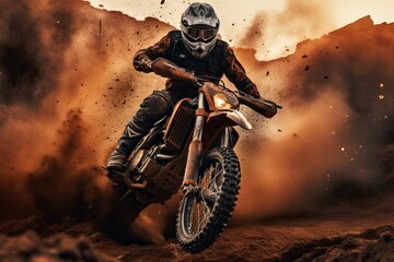 Free photo motocross rider racing in a large cloud of dust and debris