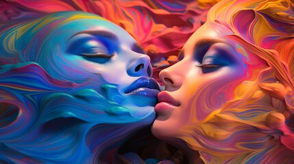 Fototapeta na wymiar Loving lesbian couple kissing embraces passionately enveloped in vibrant multicolored viscous liquid represents their individuality, example of LGBT love is vivid expression of passion and sensuality
