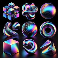 Geometric and abstract shapes with a holographic design, combining cubes and spheres on a black background