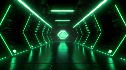 Futuristic space tunnel with green neon lights in a octagon shape, modern space technology design, digital computer illustration in dark mood, wallpaper