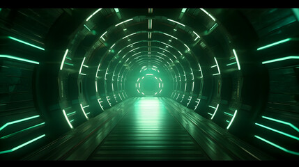 Futuristic space tunnel with green neon lights in a octagon shape, modern space technology design, digital computer illustration in dark mood, wallpaper
