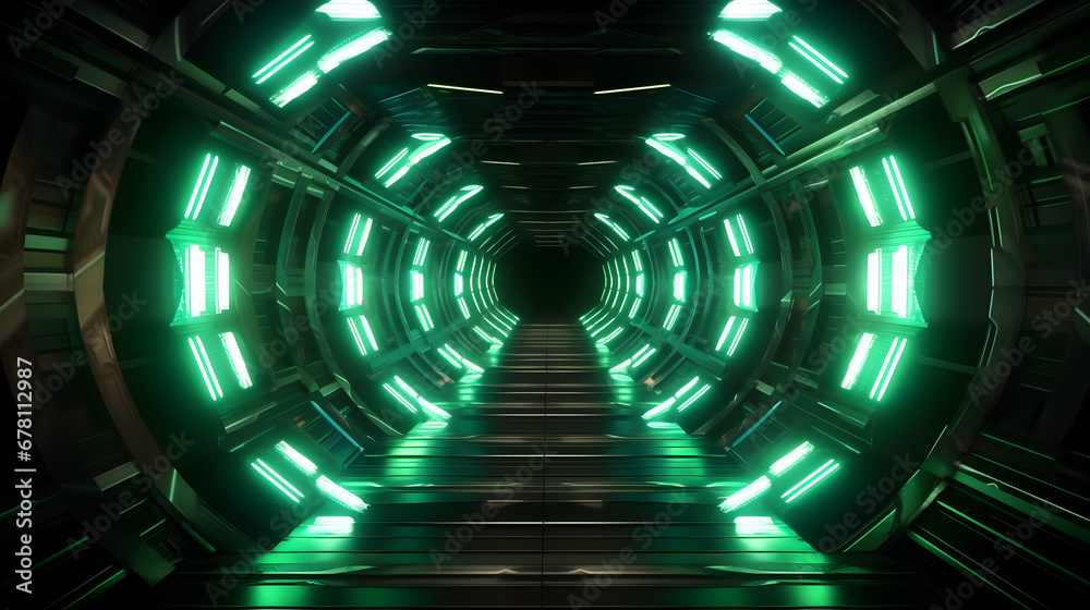 Wall mural Futuristic space tunnel with green neon lights in a octagon shape, modern space technology design, digital computer illustration in dark mood, wallpaper