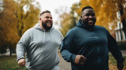 Fat male friends doing sports together running in park with yellow foliage on trees losing weight. Active lifestyle and desire to lose excess weight. Support from friend and spend time in nature
