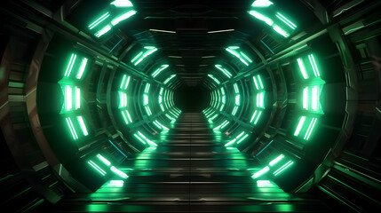 Fototapeta premium Futuristic space tunnel with green neon lights in a octagon shape, modern space technology design, digital computer illustration in dark mood, wallpaper