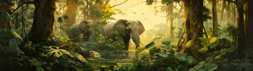 An elephant ambles through the tropical sanctuary. The forest, a dense array of green, features towering trees and a canopy of leaves forming nature's masterpiece.