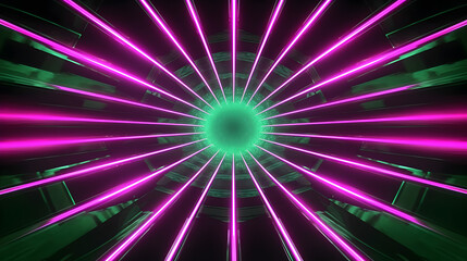 Futuristic space tunnel with green pink neon lights in a octagon shape, modern space technology design, digital computer illustration in dark mood, wallpaper